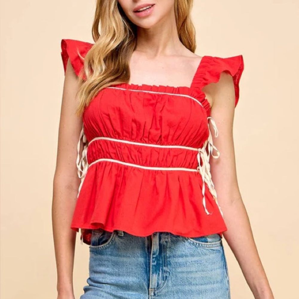 NWT TCEC Tiered Flutter Sleeve Tank Top with Tie Sides in Red Size Medium